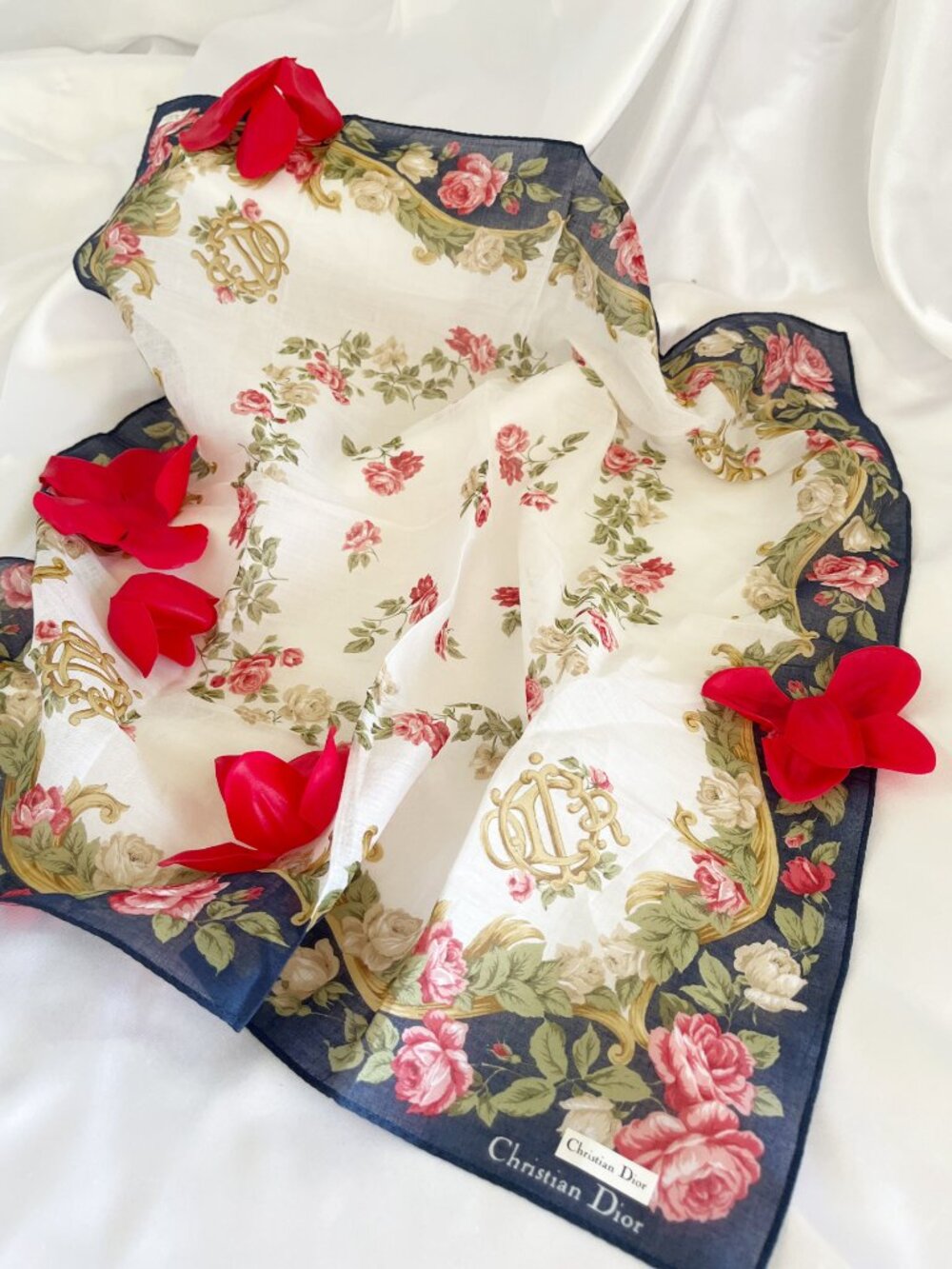 CHRISTIAN DIOR Scarf Handkerchief Pocket Cotton Blue Multi Floral Mini Vintage